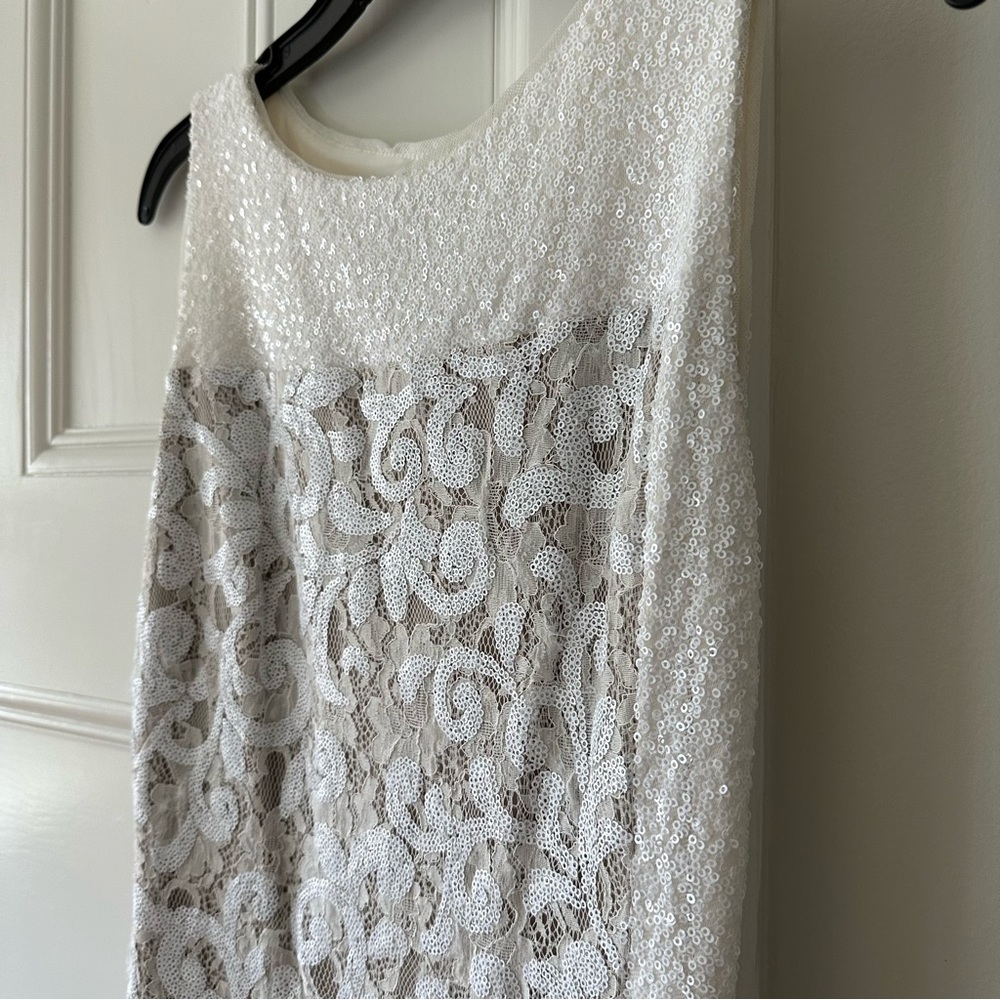 Ralph Lauren Evening | White Sequin and Lace Low-Slit Gown - Picture 2 of 8
